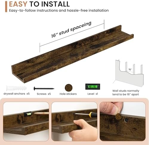 Dreamland Picture Ledge Shelf for Wall, Floating Shelves Set of 2, 32 inch Long Floating Shelves with Lip for Living Room,Bedroom,Bathroom,Kitchen,Rustic Brown