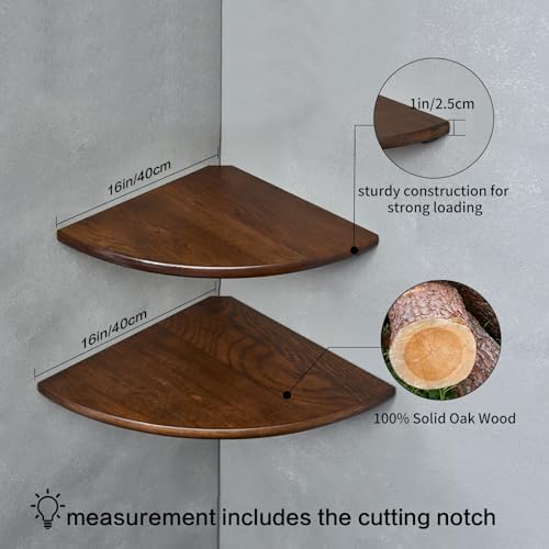 Corner Shelves, Floating Corner Shelf, Set of 2 16inch Solid Oak Wood Corner Wall Shelves, Round End with Wire Hole for 