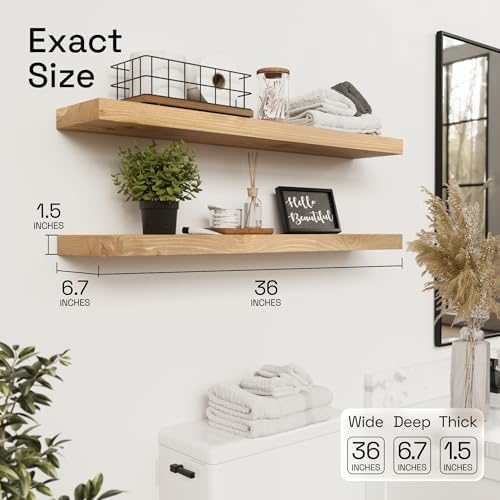 Natural Wood Floating Shelves for Wall 36 Inches Long, Oak Wooden Shelf