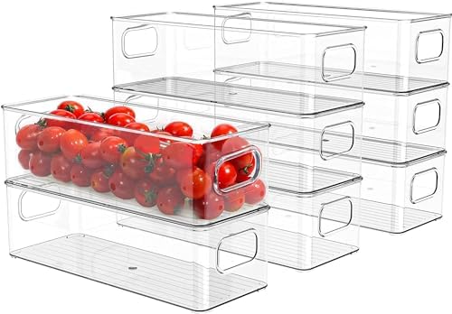 Set of 8 Refrigerator Pantry Organizer Bins - Stackable Fridge Organizers with Handles for Pantry, Freezer, Kitchen, Cou