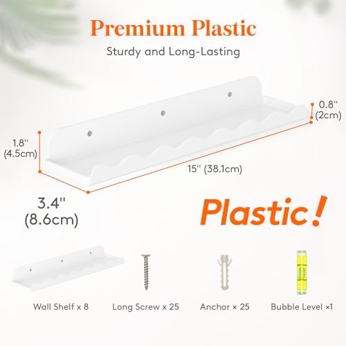 Lifewit Plastic Nursery Floating Book Shelves 16 Pack, 15"x3.4" White Clouds Plastic Wall Shelf for Bedroom Kids, Hangin