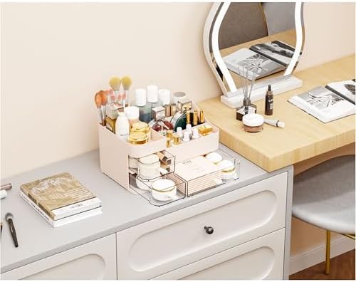 Pink Make up Organizers for Vanity with 3 Drawers,Large Skincare Organizers for Countertop,Desk,Dresser,Plastic Bathroom