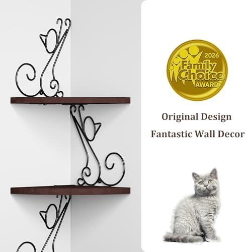 Alsonerbay 4-Tier Cat Shaped Corner Floating Shelf Wall Mount, Walnut