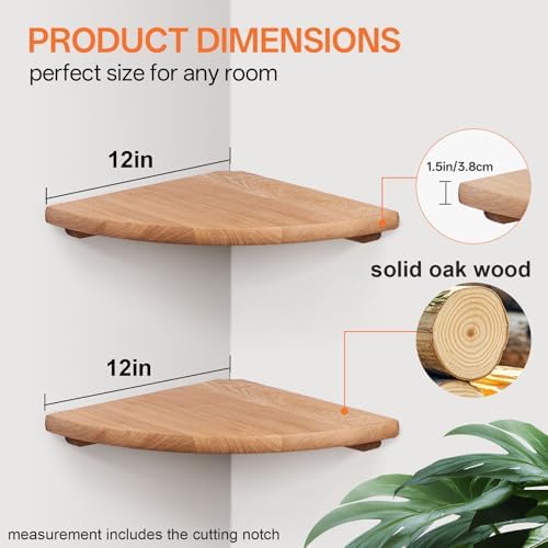 Gieanoo Floating Corner Shelves for Wall Set 2 12inch Solid Oak Rounded Corner Shelves Wall Mounted with Cable Hole Wood