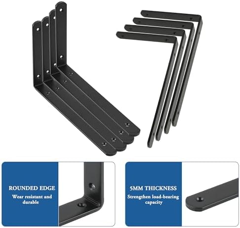 Mooche Black Shelf Brackets, Heavy Duty Floating Shelf Bracket for Wood Shelves, Wall Mounted Metal L Brackets, Wall She