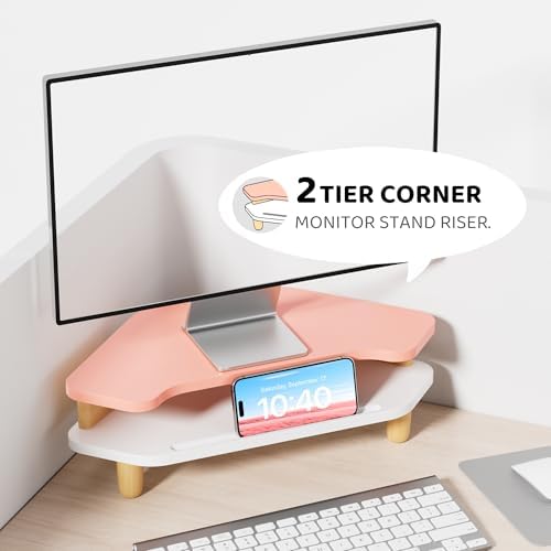 AFOOYO Monitor Stand Riser,2 Tier Corner Wood Sturdy 16.5In Computer Stand, Multi-Purpose Desktop Storage Stand for Lapt