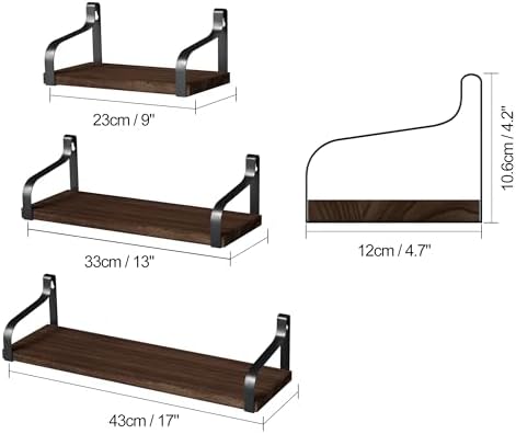 Love-KANKEI Floating Wall Shelves Set of 3,Wood/Metal Bracket,Dark Walnut