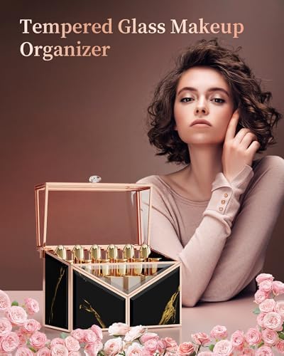 CoralHouse Lipstick Organizer - Black Glass Lipstick Holder & Nail Polish Organizer, 18-Slot Vanity Cosmetic Organizer w