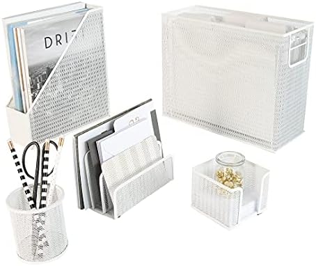 BLU MONACO | White Desk Organizer Set | 5 Piece Metal Office Desk Organizer with Hanging File Holder, Magazine Organizer, Pen Cup, Sticky Note Holder, Mail Sorter | Desk Organizers and Accessories