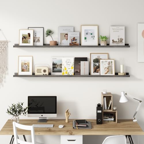 FLYJOE Picture Ledge Shelf, Floating Shelves Set of 2, Solid Pine Wood 72'' Long Large Nursery Book Shelves for Toys Storage, Kids Bookshelf for Living Room Bedroom Decor Books Photo Frames, Grey