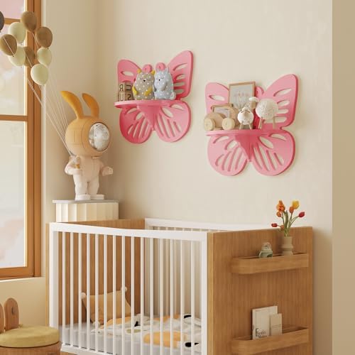 2-Tier Butterfly Wall Shelf - Nursery Decor Pink Floating Corner Shelves, Cute Wall Display Rack Bookshelf for Kid’s Roo