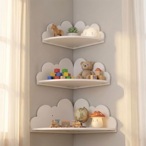Novabright 3 Pack Cloud Floating Corner Shelves, 9/10/12 Inch Wall Mounted Corner Shelves for Room & Nursery Decor, Cute