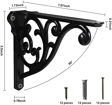 Shelf Brackets 8 Inch 4PCS Heavy Duty Matte Black Wall Bracket Baroque Kitchen Decorative Rack Shelves, Including All Ha