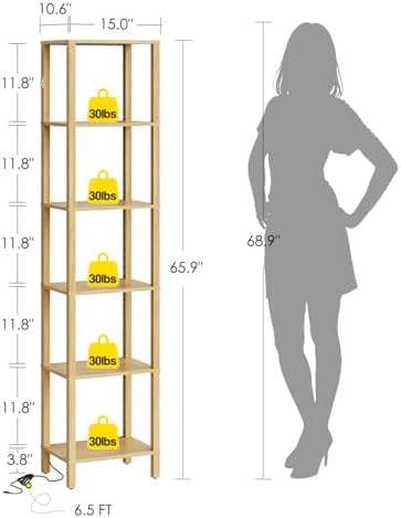 Open Book Shelf with LED Lights, 6 Tier Tall Bookshelf, Freestanding Shelf Narrow Bookcase with Open Shelves, 14.57" x 1