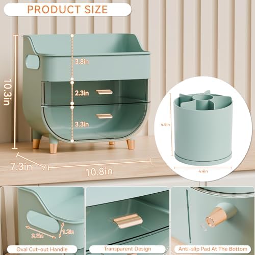 Yieach Green Make up Organizer for Countertop,Vanity,Large Capacity Bathroom Makeup Skincare Organizers With Brush Holde