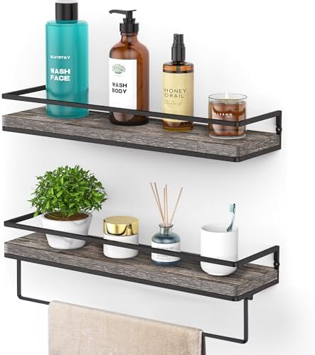 Meangood Floating Shelves Wall Mounted Set of 2, Wall Shelf with Towel Bar Rustic Wood Wall Storage Shelves for Bedroom,