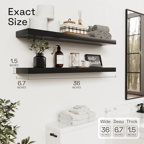 Solid Wood Floating Shelves for Wall 36 Inches Long, Black Wooden Shelf