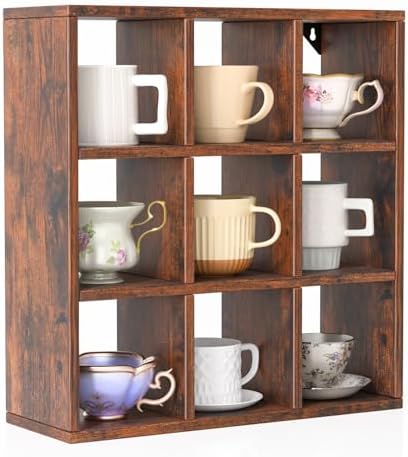 Helsin 9 Grid Vintage Coffee Mug Display Rack, 16inch Wall Mounted Wooden Curio Shadow Box Shelf, Cup Floating Shelves D