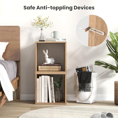 GIANTEX 4 Cube Bookshelf Organizer, 2-Tier Stackable Cube Storage Organizer, Small Wooden Open Book Shelf with Anti-topp