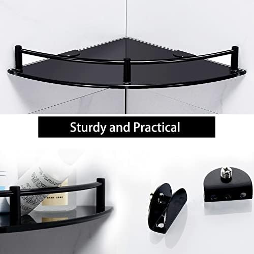 Glass Bathroom Shelf with Rustproof Rail, Black Corner Shower Shelf