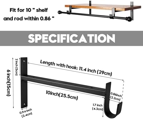 AddGrace Closet Rod Bracket Heavy Duty Shelf Brackets Black 10 Inch 2 Pack