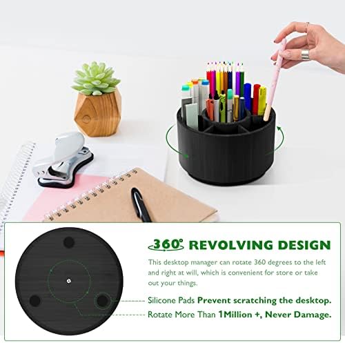 Bamboo Rotating Pencil Holder for Desk, Desk Organizer with 7 Compartments