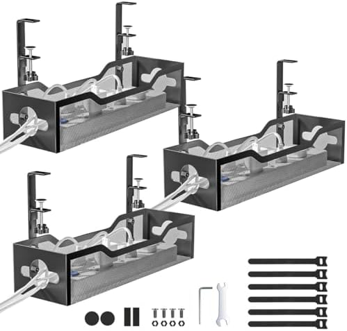Under Desk Cable Management Tray 3 Pack, Cable Management Under Desk No Drill, Cable Organizer with Clamp for Wire Manag