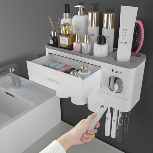 iHave Toothbrush Holders Wall Mounted with Toothpaste Dispenser & 3 Cups