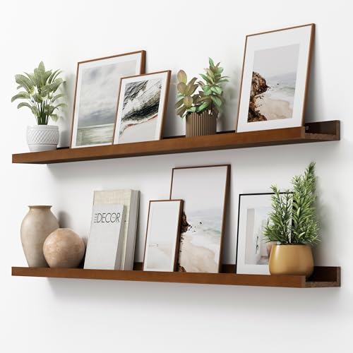FLYJOE Picture Ledge Shelf, Floating Shelves Set of 2, Solid Pine Wood 55'' Long Large Nursery Book Shelves for Toys Storage, Kids Bookshelf for Living Room Bedroom Decor Books Photo Frames, Walnut