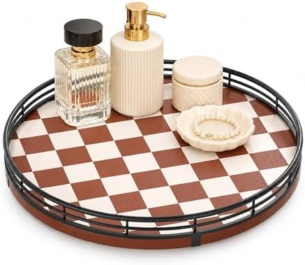 AMH 10-Inch Brown Checkerboard Lazy Susan Organizer with Black Metal Rail