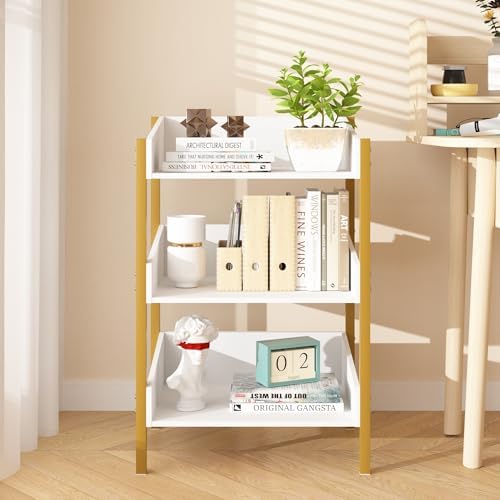 VECELO Bookshelf Set of 2, Small Bookcase,3-Tier Storage Organizer,Wood Bookcase with Steel Frame,Shelving Unit for Livi