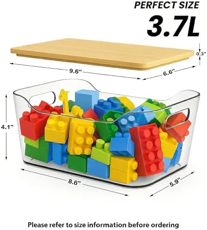 CiWiVOKi 6 Pack Clear Stackable Storage Bins with Bamboo Lids, 3.7L BPA-Free Plastic Organizer Containers with Handles, 