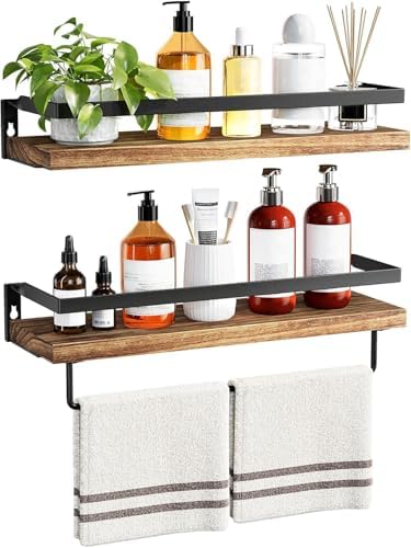 Amada Bathroom Shelves with Towel Bar, Set of 2, Rustic Brown