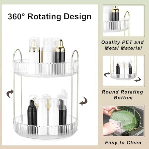 360 Rotating Makeup Organizer and Storage for Vanity Countertop 2 Tiers, High Capacity Cosmetic Skincare Perfume Organiz