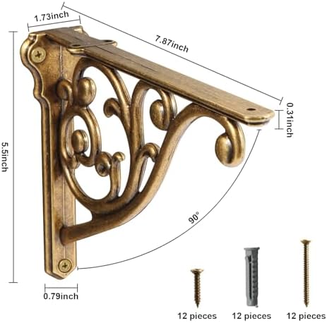 Khtumeware 8 Pack Antique Brass Shelf Bracket 8 Inch, Decorative Brackets for Shelving, Heavy Duty Vintage Ornate Shelf 