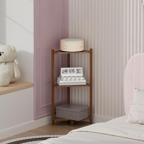 Wisuce Bamboo Small Corner Shelf Stand, 3-Tier Brown Corner Bookshelf