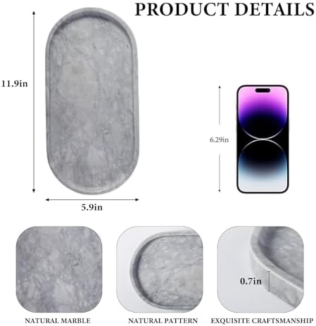 Koville Grey Marble Tray for Bathroom Countertop, 12"x6" Vanity Decorative Marble Tray for Dresser, Stone Catchall Trays