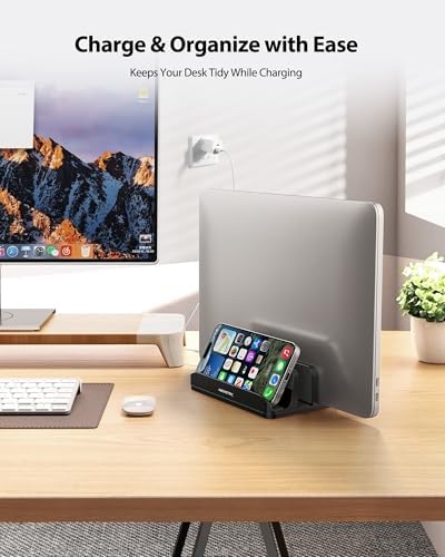 AboveTEK Vertical Laptop Stand Holder, 3 Slots Aluminum Desk Stand with Adjustable Dock Size for Tablet, MacBook, Phone 