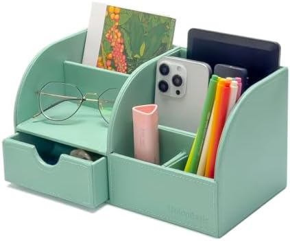 UnionBasic Desk Organizer - Multifunctional Leather Desktop Pen Holder Storage Box - Business Card/Pen/Pencil/Mobile Phone/Stationery Holder, Mint Green