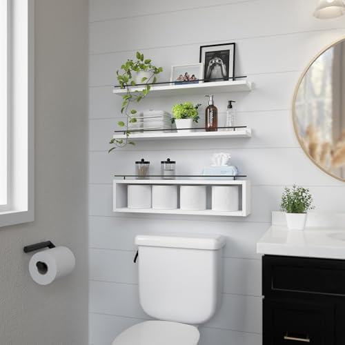 WOPITUES Floating Shelves for Wall 24 inch with Cube Shelf, Wall Shelves with Metal Rail for Bathroom Decor, Bathroom Or