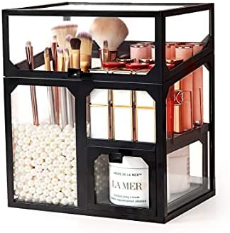 MOOCHI Black Vintage Glass Cosmetic Multifunctional Makeup Organizer with Pearls Dustproof Cosmetics Storage Display Cas