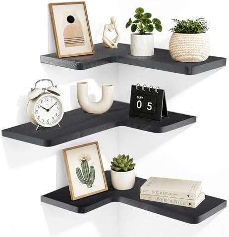 Solid Wood Corner Floating Shelves, L-Shaped, Black, Set of 3