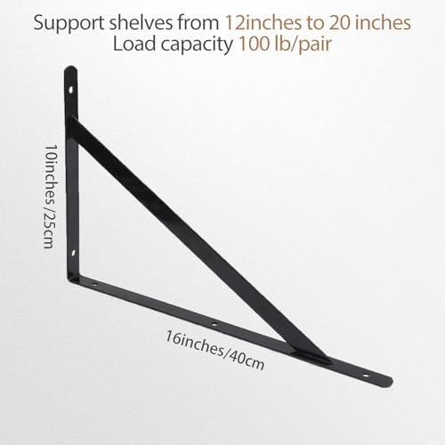 4 Pack L16 x H 10" Heavy Duty Shelf Brackets with Screws Wall Shelves Brackets with 90 Degree Triangle, Black Metal Shel