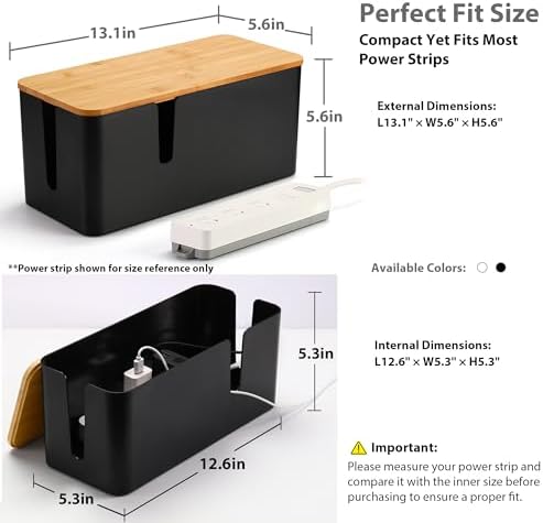 ZhiYo Large Cable Management Box, Thick ABS Power Strip Organizer, Black