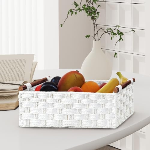 Vagusicc Wicker Storage Basket, Set of 2 Hand-Woven Paper Rope Wicker Basket for Organizing with Handle Decorative Stora