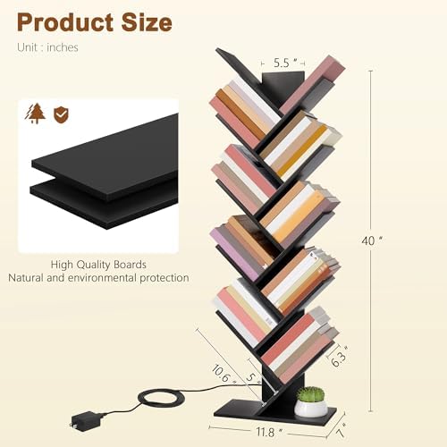 Hoctieon 10 Tier Tree Bookshelf with LED Lights, Small Bookcase, Freestanding Book Shelf, Display Floor Standing Storage