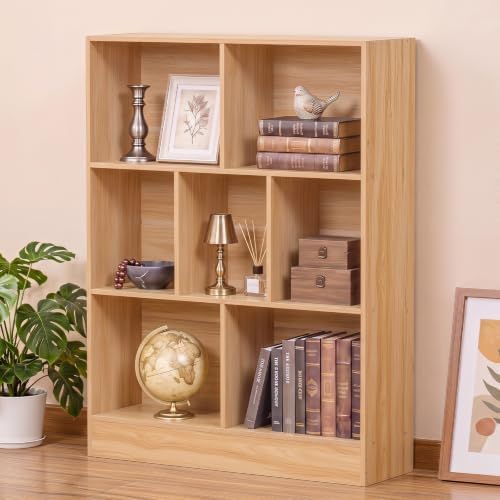 YAHARBO 3 Tier 7 Cube Mini Thin Bookshelf, Short Shallow Bookcase, Natural