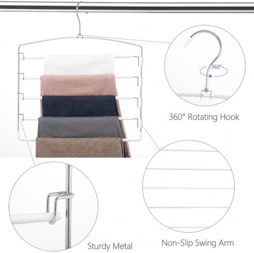 Pants Hangers Space Saving 3 Pack 5 Layer Swing Arm Hanger White