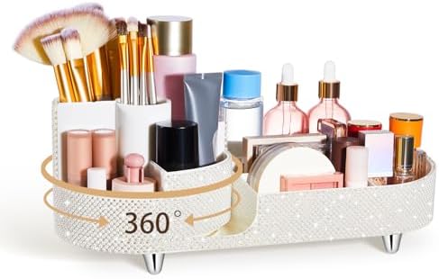 Rotating Makeup Organizer Vanity, White, Pearl