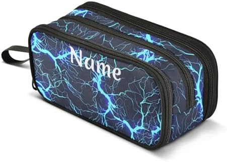 Custom Dark Blue Electric Lightning Pencil Case Box Boys Girls Personalized Name Large Pencil Pouch Stationery Pen Bag Organizer for Kids Adults School Office